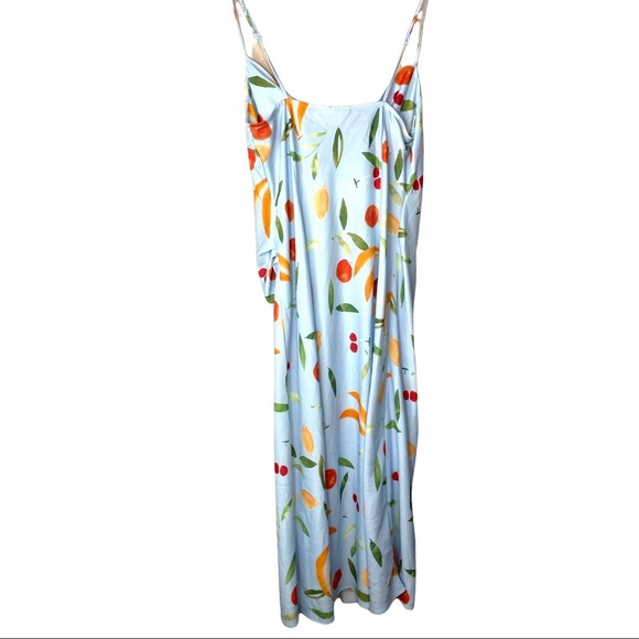 Finders Keepers CALYPSO MIDI DRESS size L US 8 blue with Allover fruit pattern - Picture 2 of 10